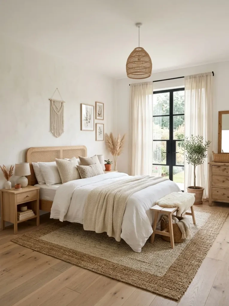 Neutral bedroom featuring cream curtains, light wood furniture, and soft white bedding.