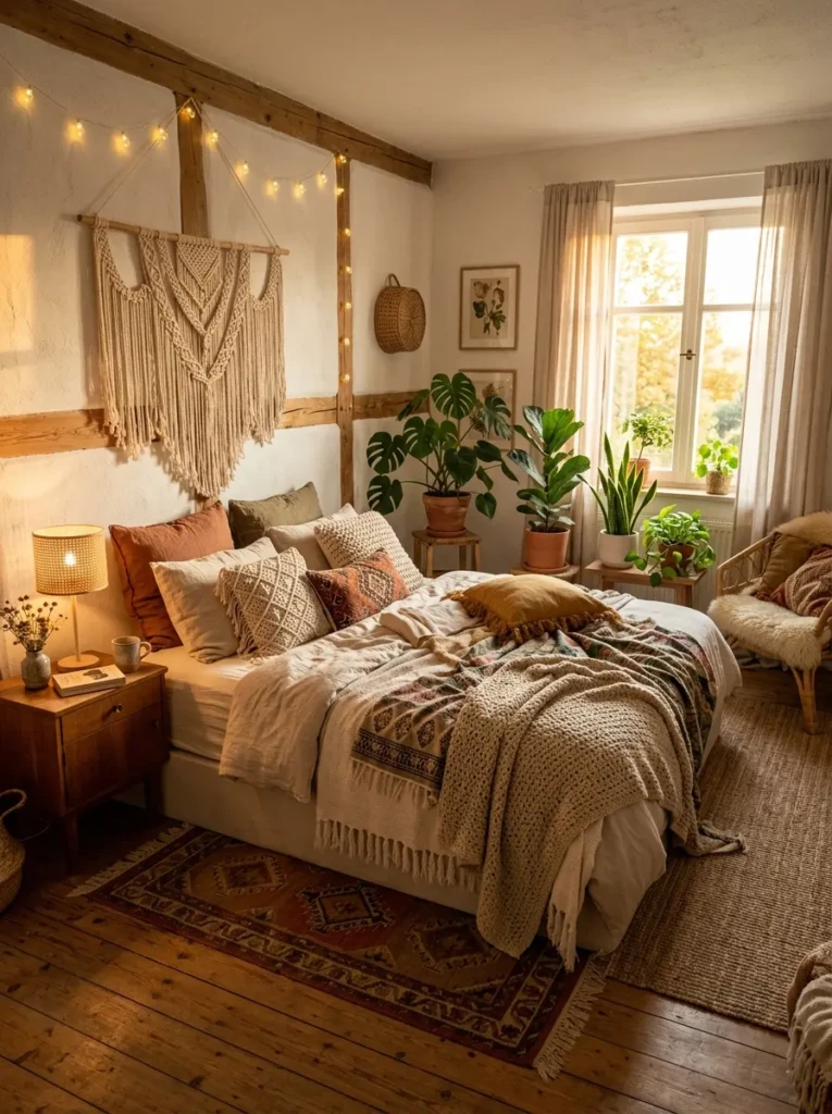 Relaxing boho bedroom glowing in warm evening light with soft layered textiles.