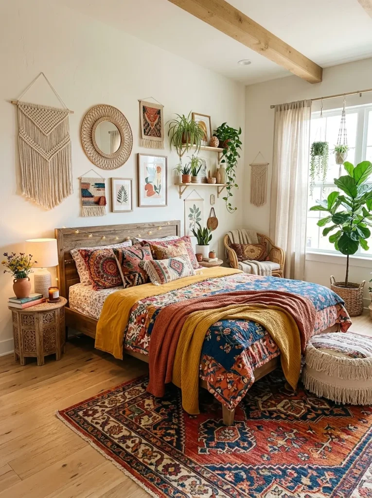 Summer boho bedroom decorated with colorful bedding, rugs, and artistic accessories.