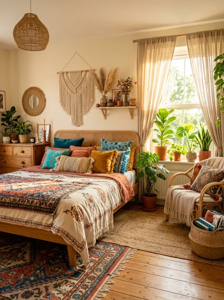 Dreamy summer colorful boho bedroom with golden sunlight, sheer curtains, layered textiles, rattan furniture, vibrant pillows, woven baskets, and lush indoor plants.