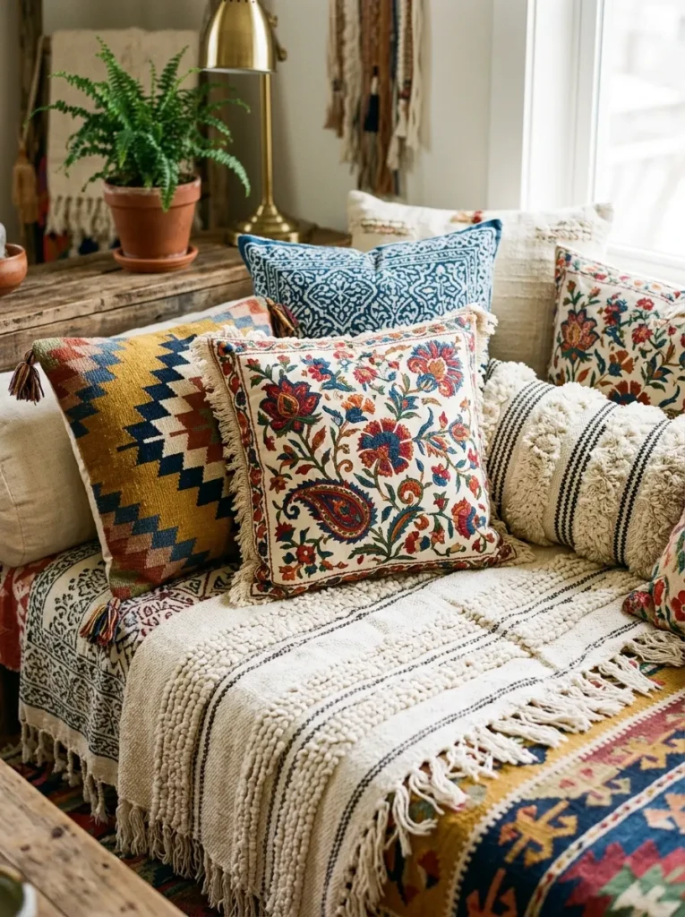 Close-up of colorful boho fabrics featuring floral, geometric, and woven textures.