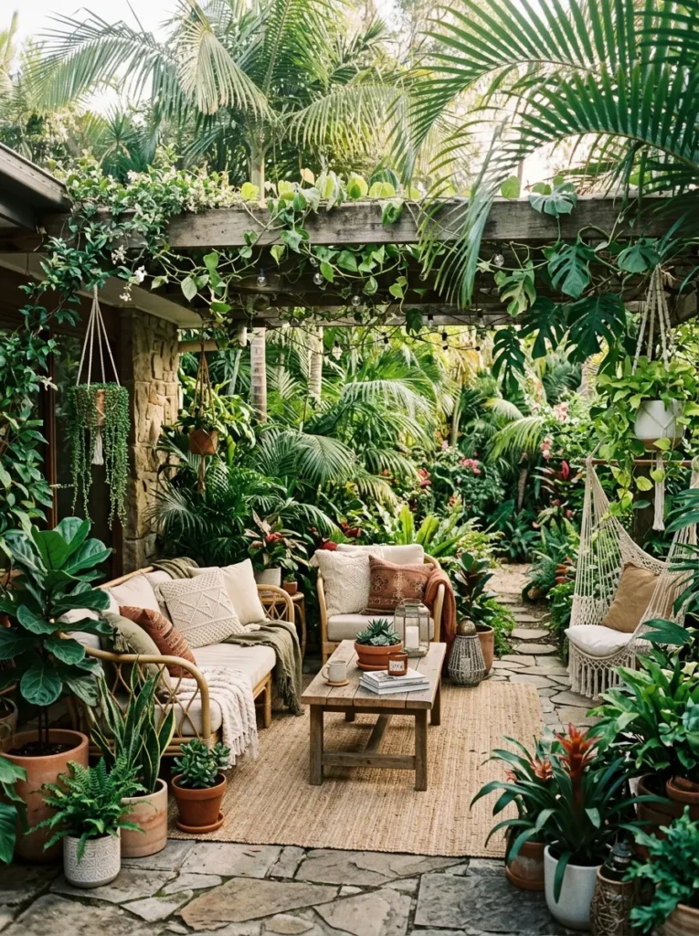 Boho patio seating surrounded by tropical plants, vines, and layered greenery