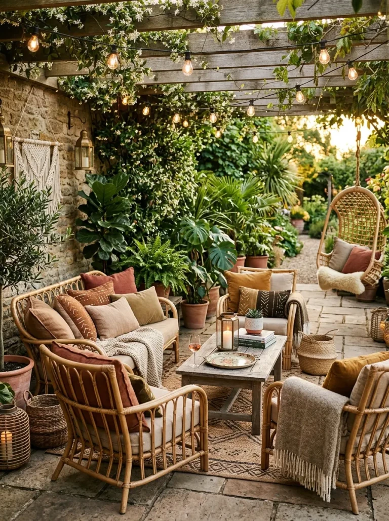 Beautiful boho patio seating with rattan furniture, floor cushions, lush greenery, and warm ambient lighting