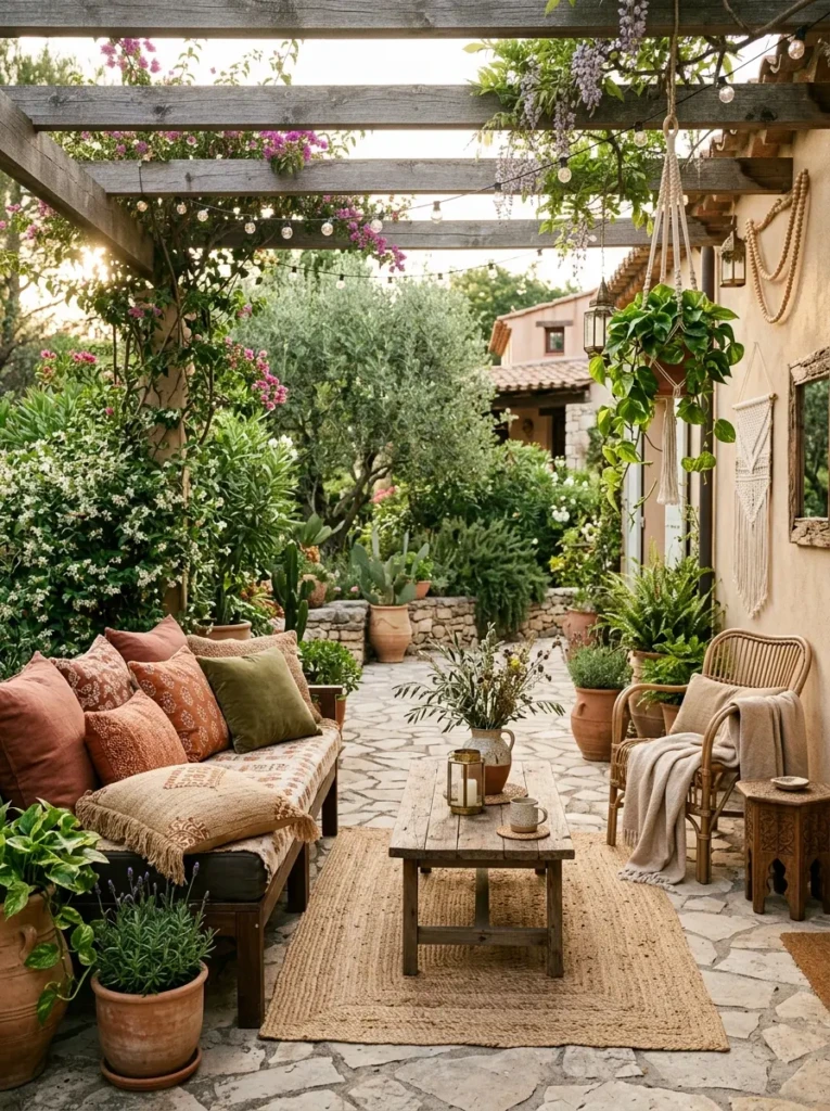 Outdoor seating featuring terracotta, rust, olive green, and beige boho color palettes