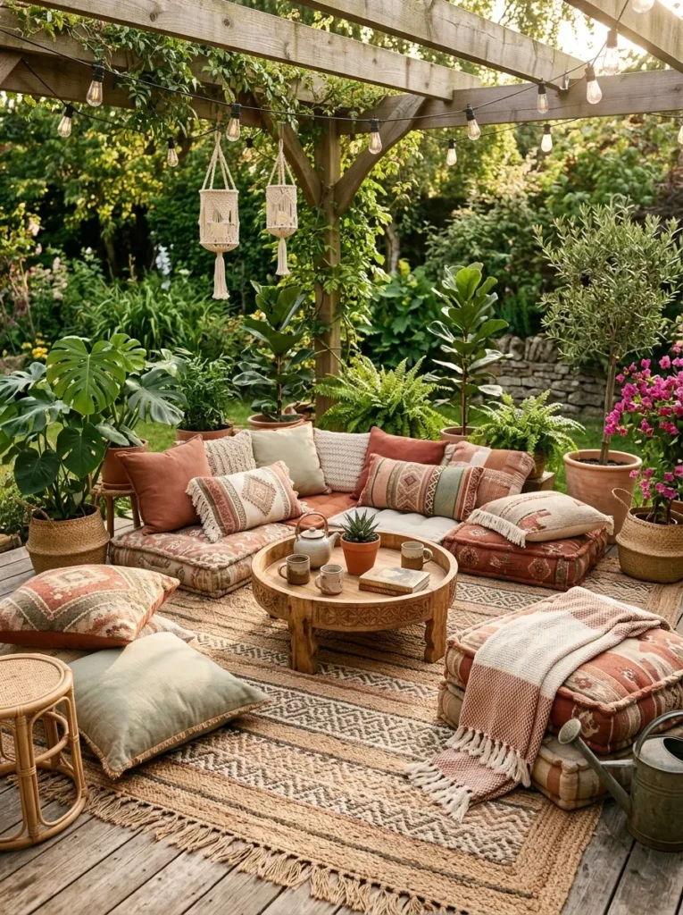 Oversized floor cushions in earthy colors arranged on a woven rug in a relaxed boho patio