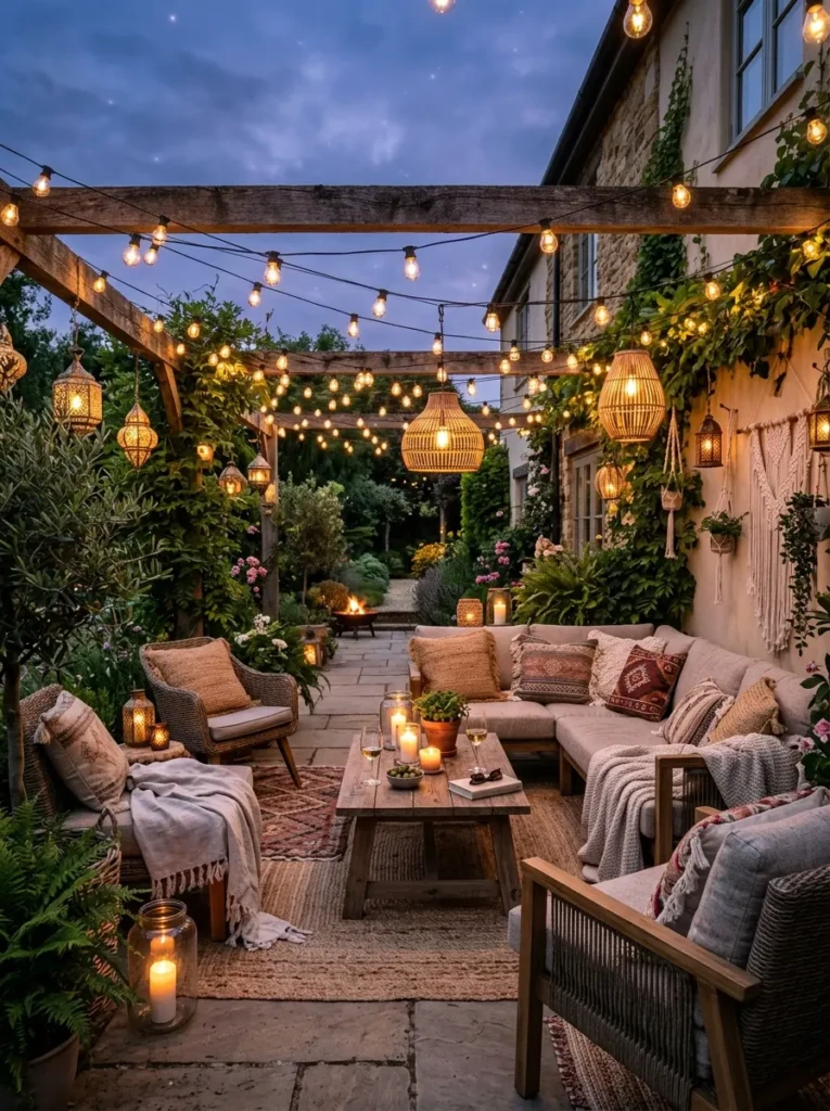 Evening boho patio illuminated with string lights and lanterns around cozy seating