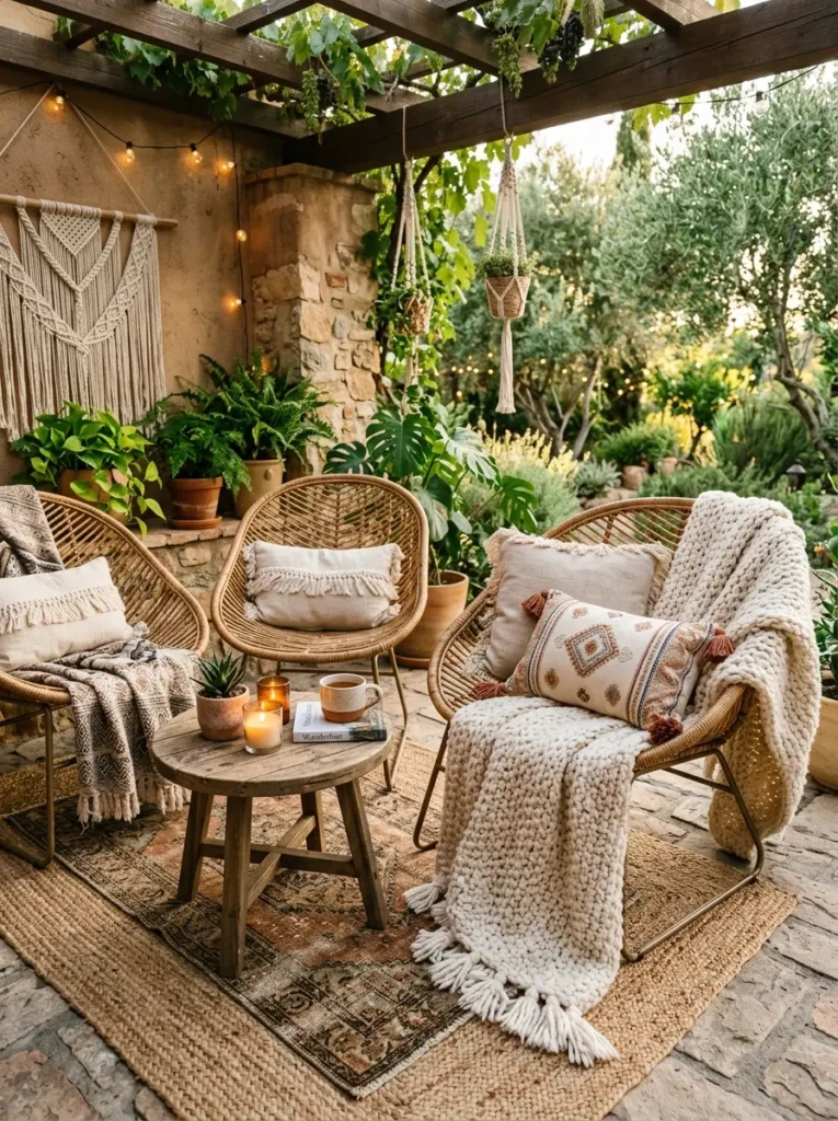 Woven chairs, soft throws, jute rugs, and textured cushions in a stylish boho patio