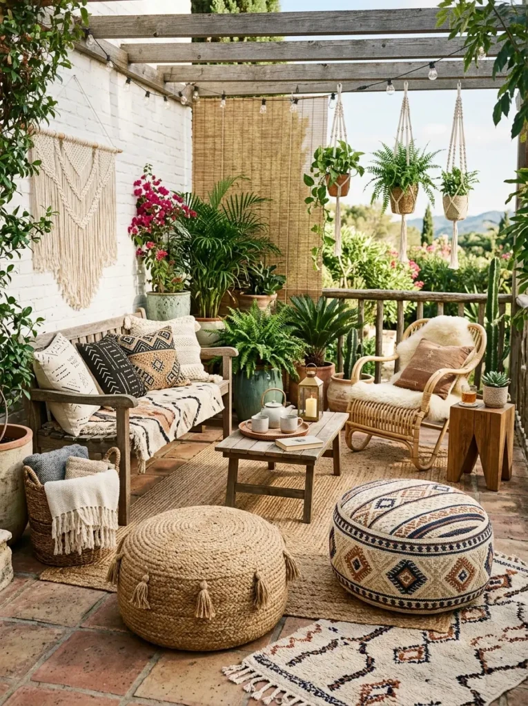 Woven poufs and textured seating accessories arranged in a cozy bohemian patio