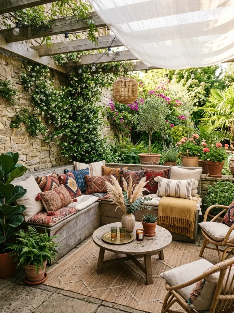 Boho patio decorated with Moroccan-inspired cushions and balanced patterned fabrics