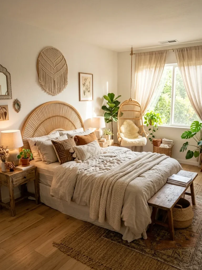 Sunlit boho summer bedroom with linen bedding, rattan furniture, woven textures, indoor plants, and airy curtains.
