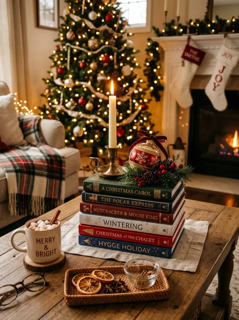 Christmas books topped with a candle and ornament on a cozy holiday coffee table