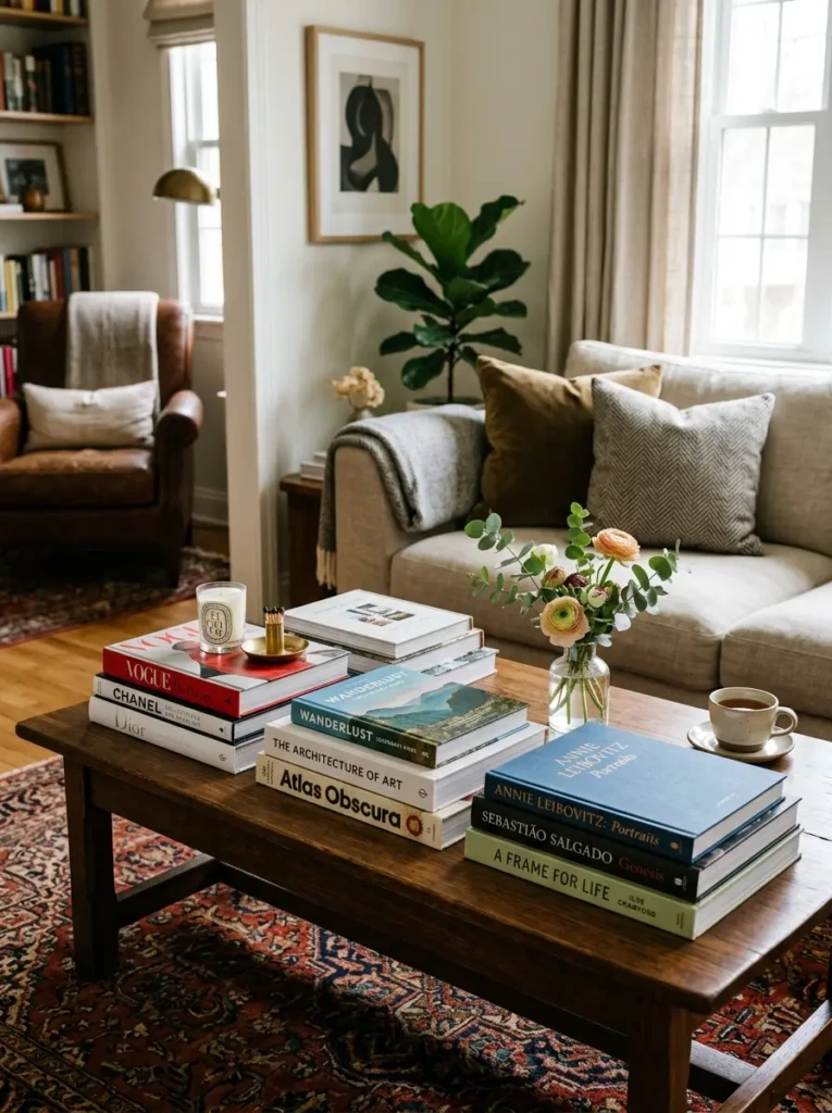 Travel and design books layered stylishly on a modern coffee table.