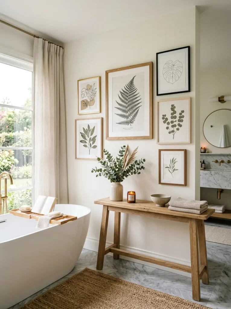 Bathroom wall featuring botanical artwork and minimalist framed prints