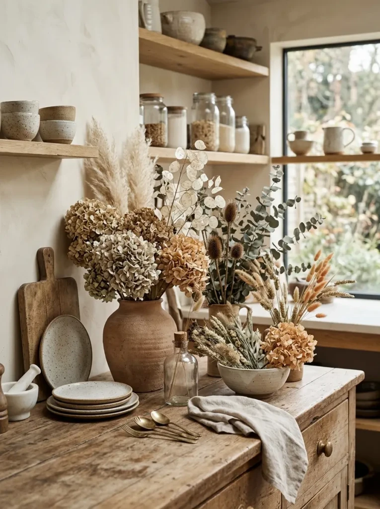 Preserved grasses and dried flowers creating an airy seasonal display.