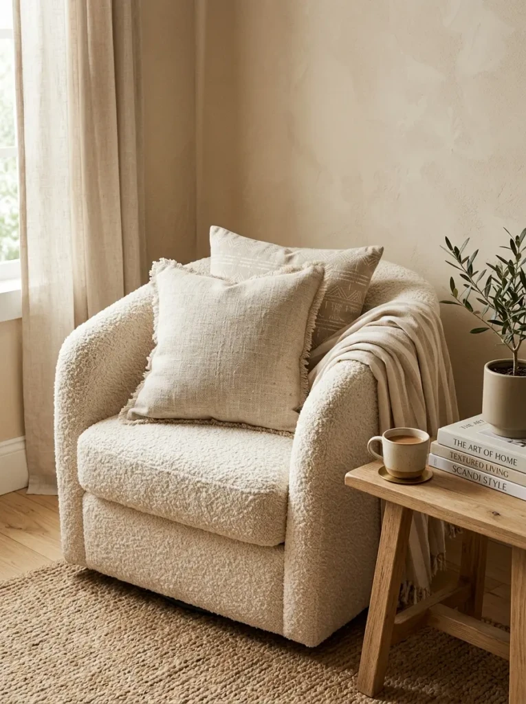Close-up of linen pillows, boucle furniture, and layered textiles in a warm neutral living room.