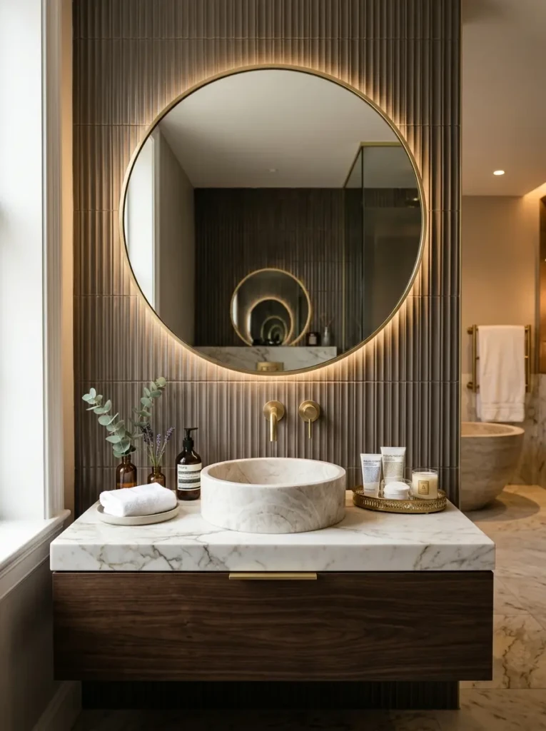 Round vessel sink on a marble countertop with a gold faucet and statement mirror in a luxury bathroom.