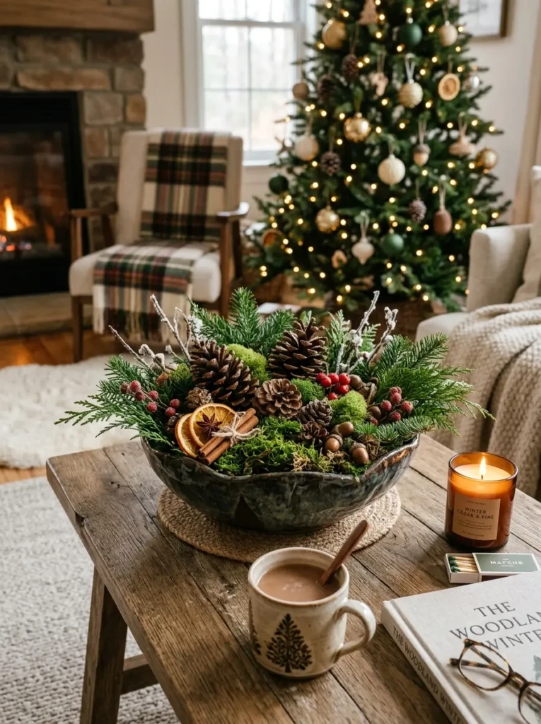 Decorative bowl filled with pinecones, moss, and cedar sprigs for Christmas decor