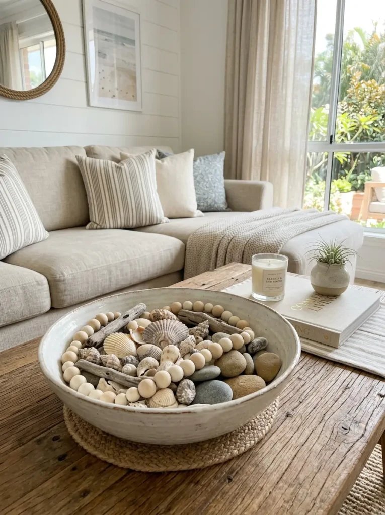 Coffee table bowl filled with seashells, wooden beads, and natural decorative elements.