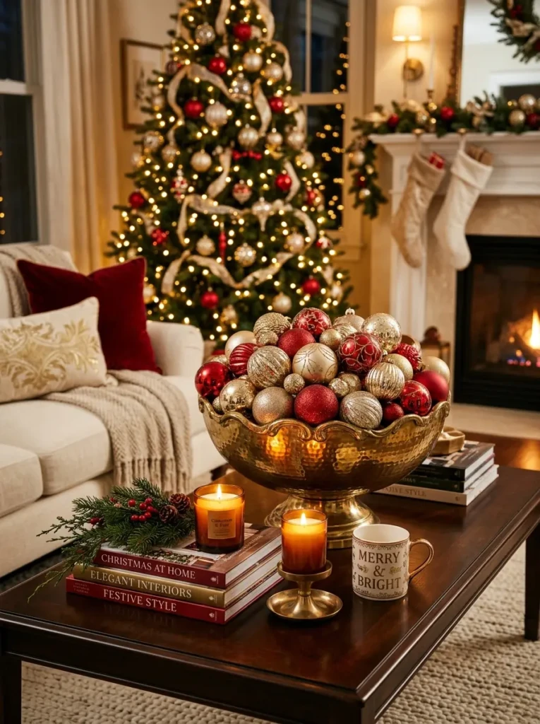 Decorative bowl filled with colorful Christmas ornaments creating a festive coffee table focal point.