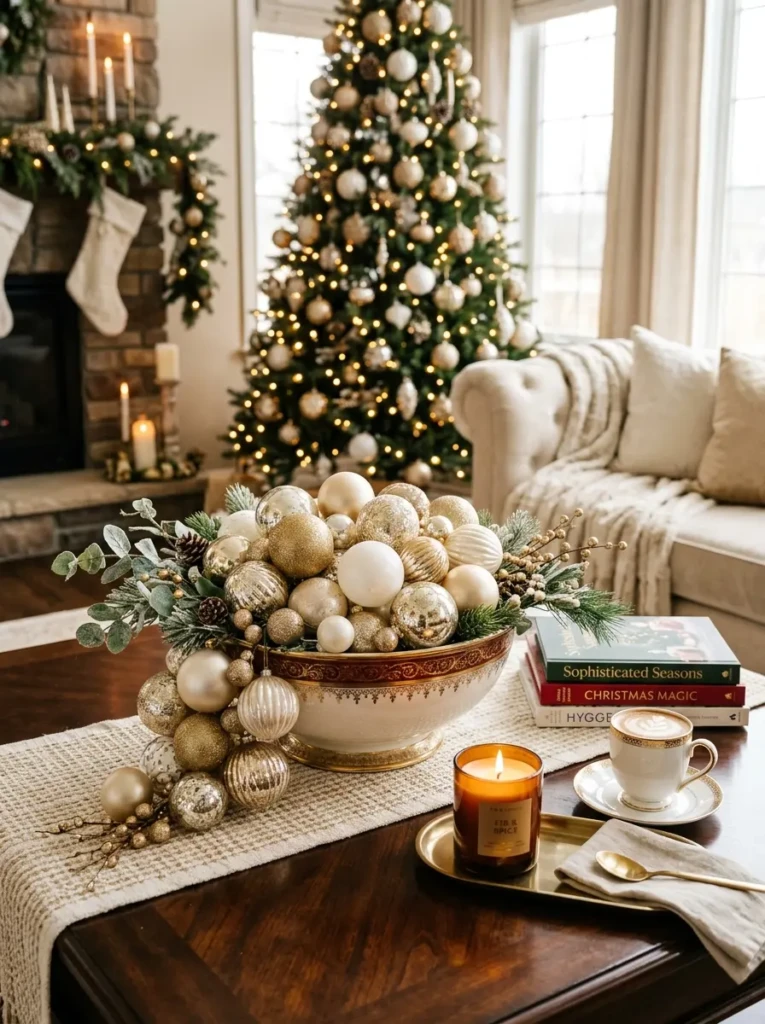 Gold and champagne ornaments arranged inside a decorative bowl on a holiday coffee table