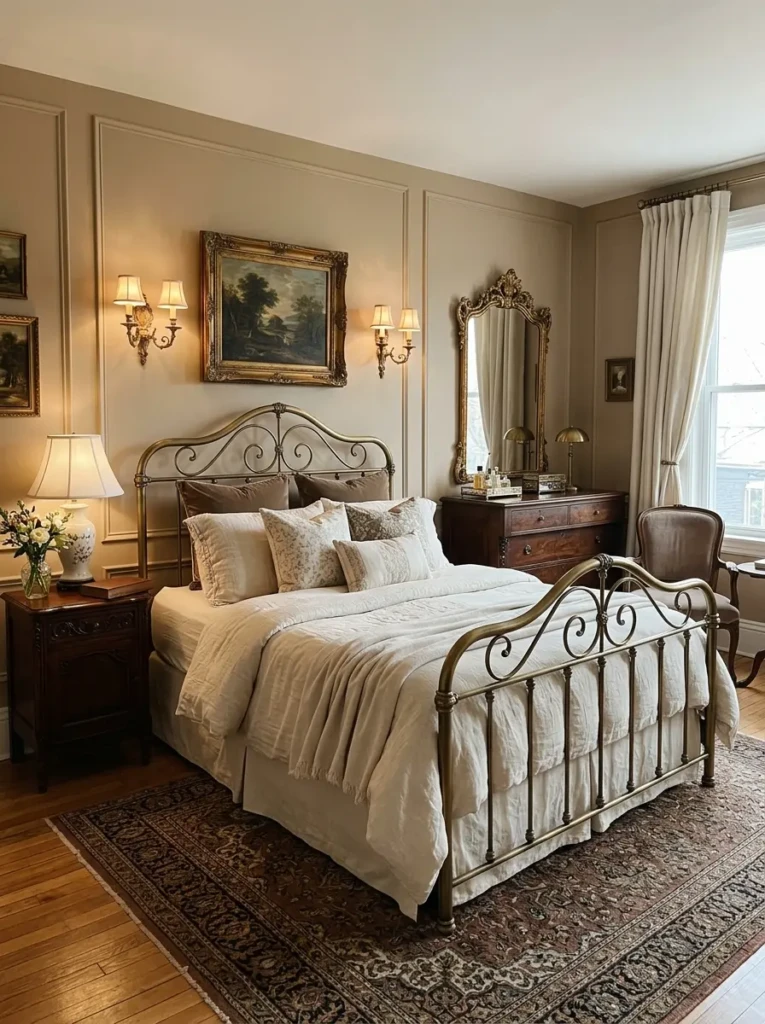 Elegant bedroom with a brass metal bed frame, antique furniture, and warm decor