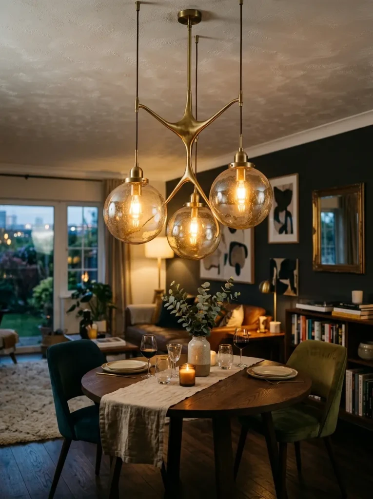 Elegant brass pendant light illuminates a stylish living room.