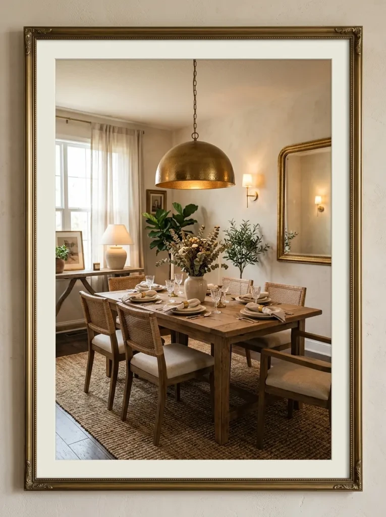 Dining room featuring brass lighting fixtures and a woven natural rug beneath the table.