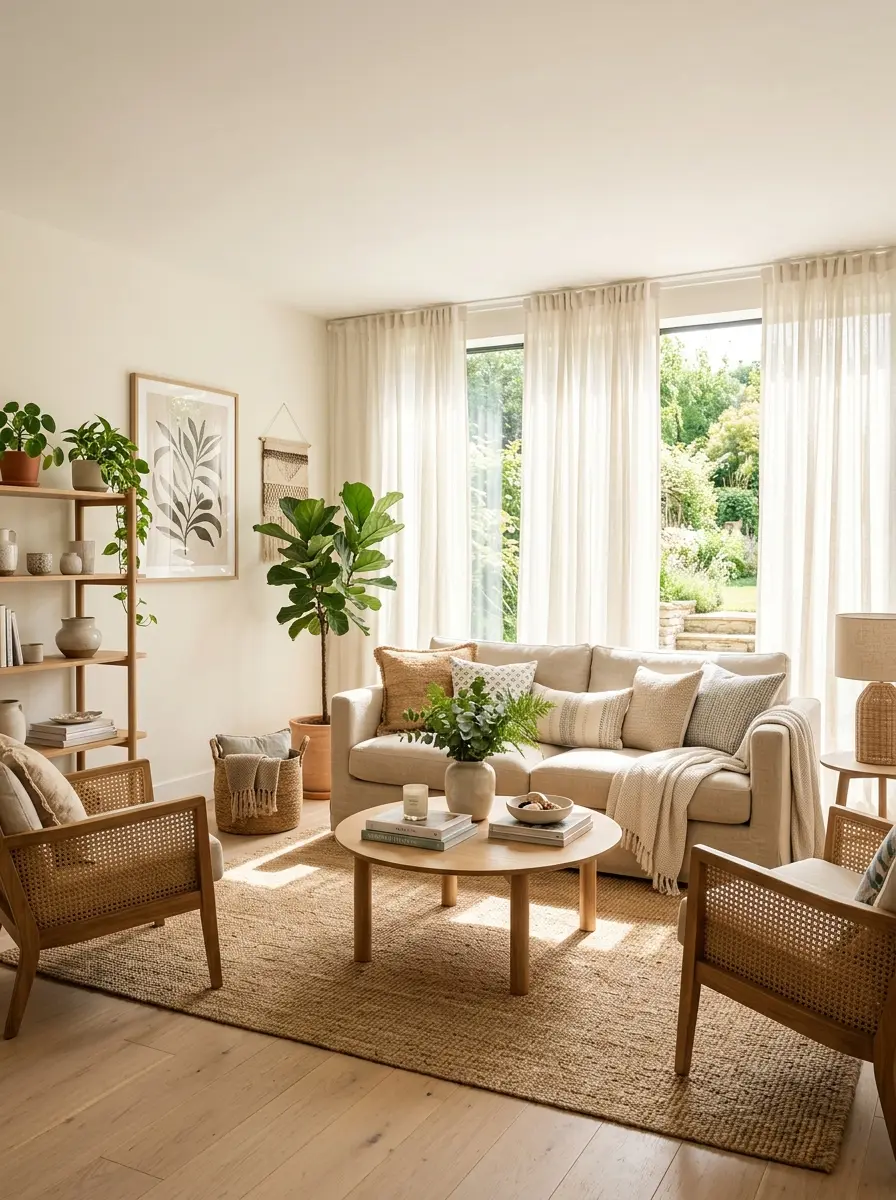 Airy summer living room with sheer curtains, woven textures, greenery, and elegant budget-friendly decor.