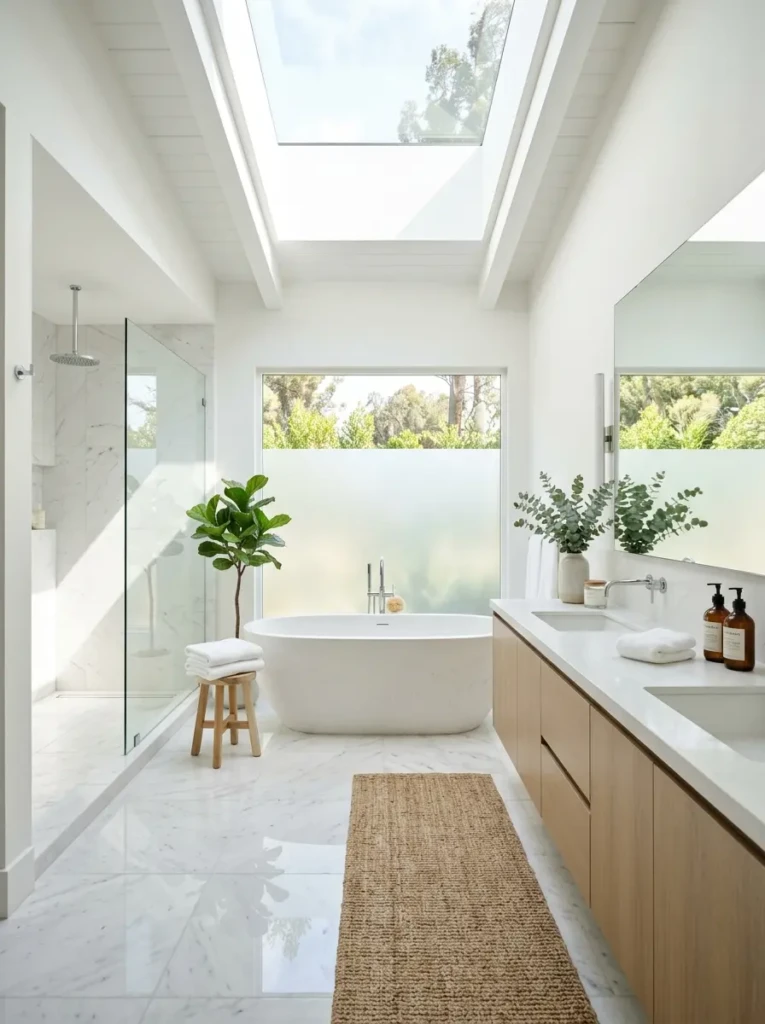 Airy bathroom with skylight, abundant sunlight, and fresh modern interior design