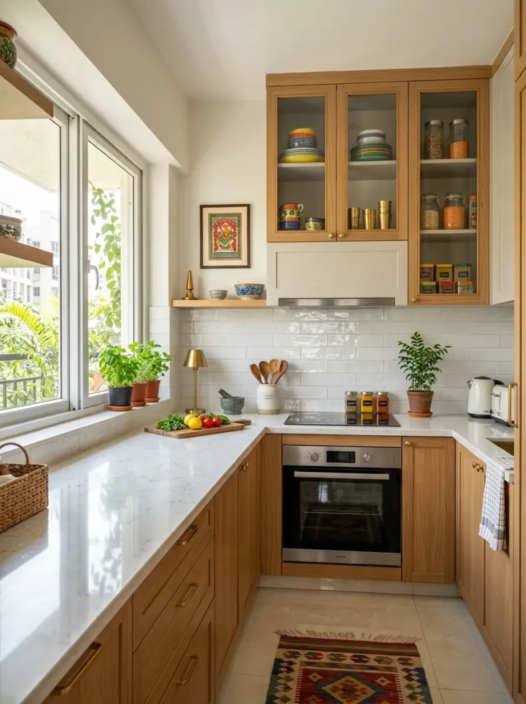 Compact kitchen with glossy tiles, glass cabinets, and reflective surfaces that maximize natural light.