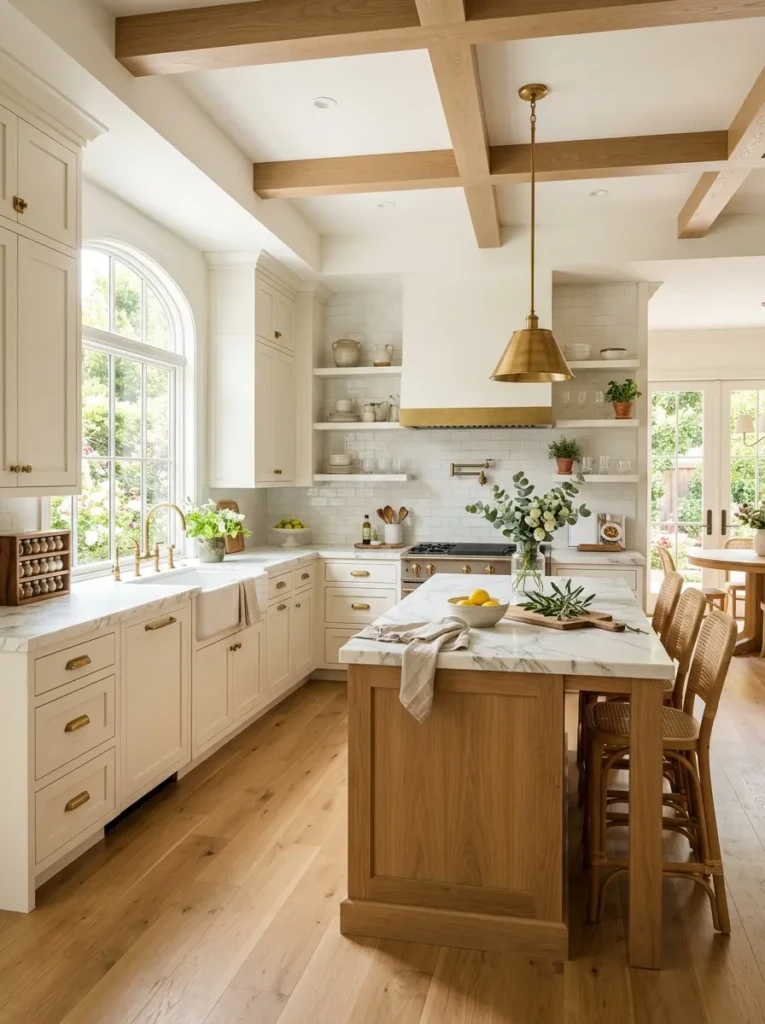 Bright kitchen with warm white cabinets, brass hardware, marble counters, and soft natural light.