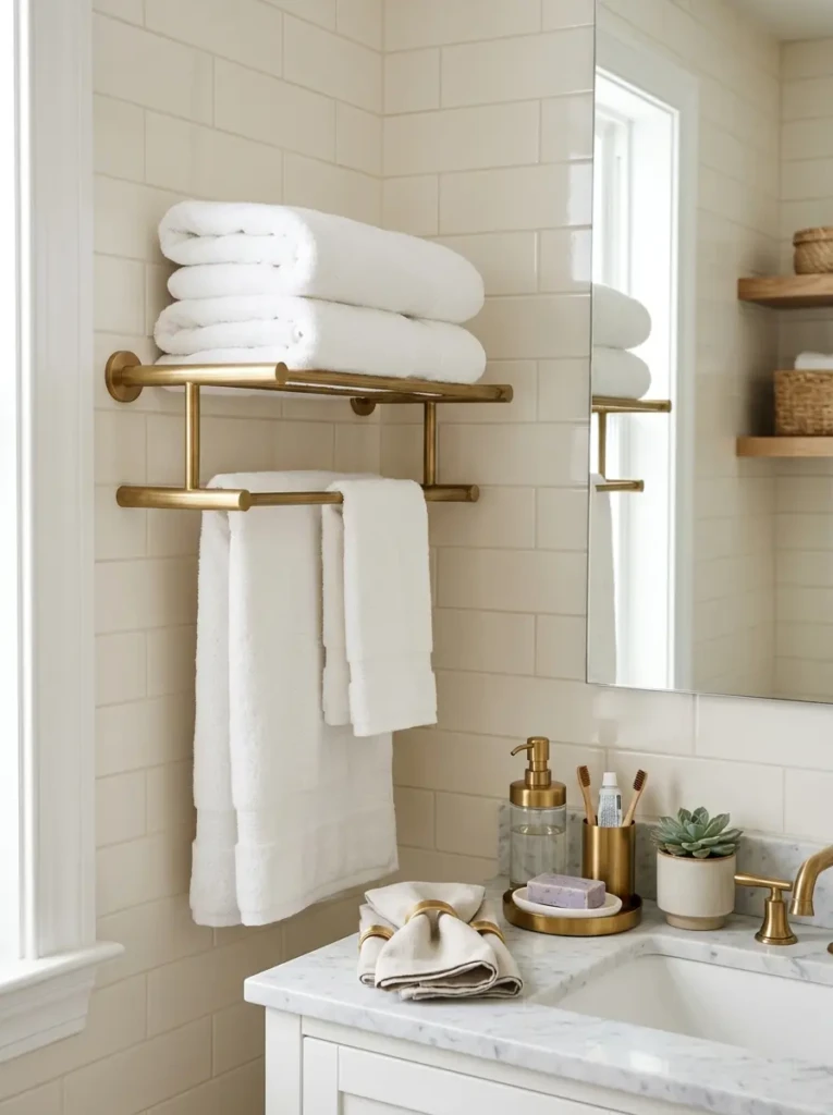 Brushed brass double towel rack providing practical and stylish towel organization.