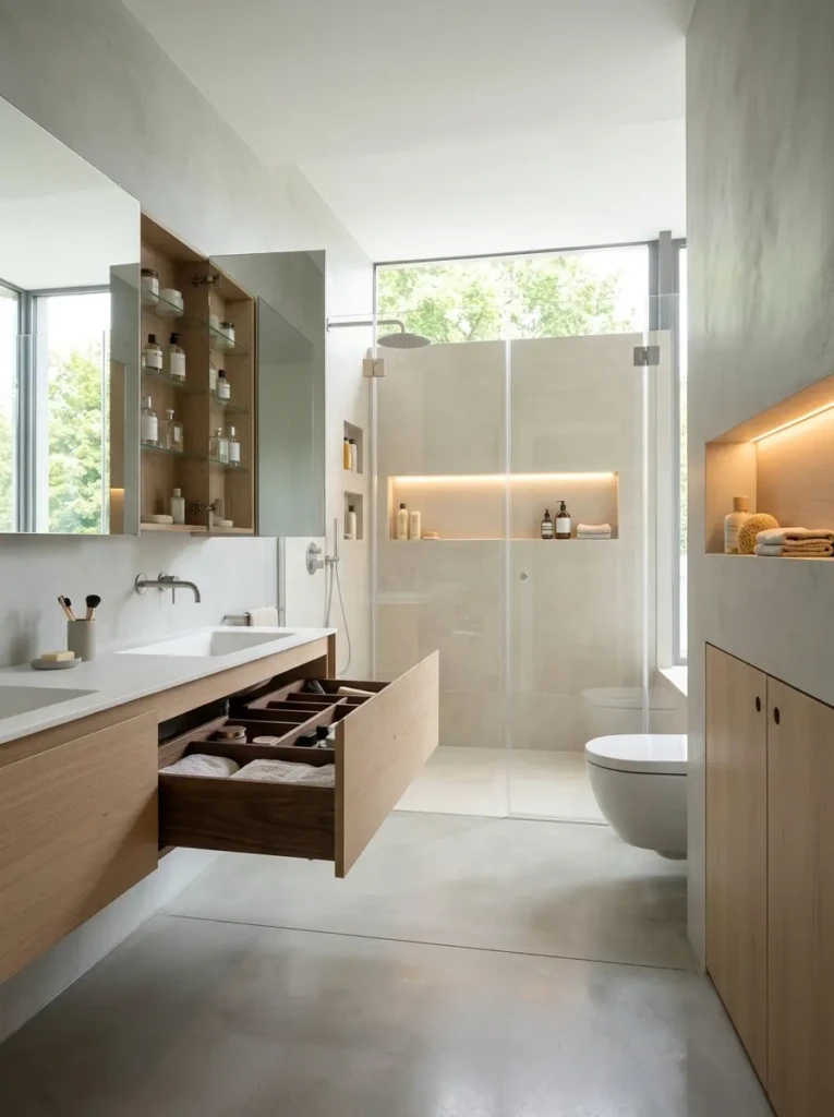 Bathroom with built-in cabinets, recessed niches, and hidden storage compartments.