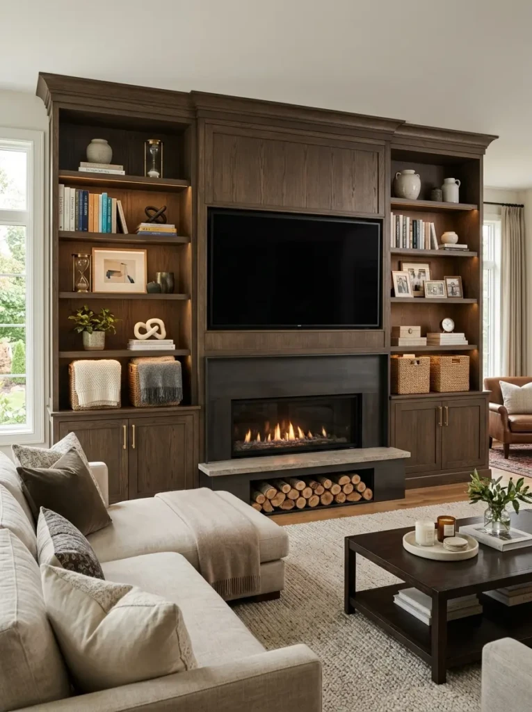 Basement entertainment wall with cabinetry surrounding television and fireplace