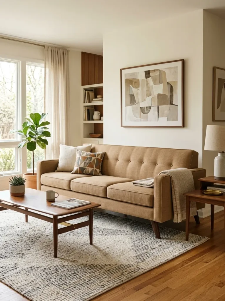 Camel-colored sofa with tapered legs in a sophisticated mid century space.