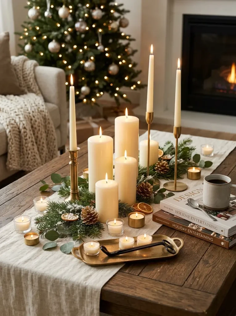 Ivory candles and brass holders styled together on a sophisticated Christmas coffee table