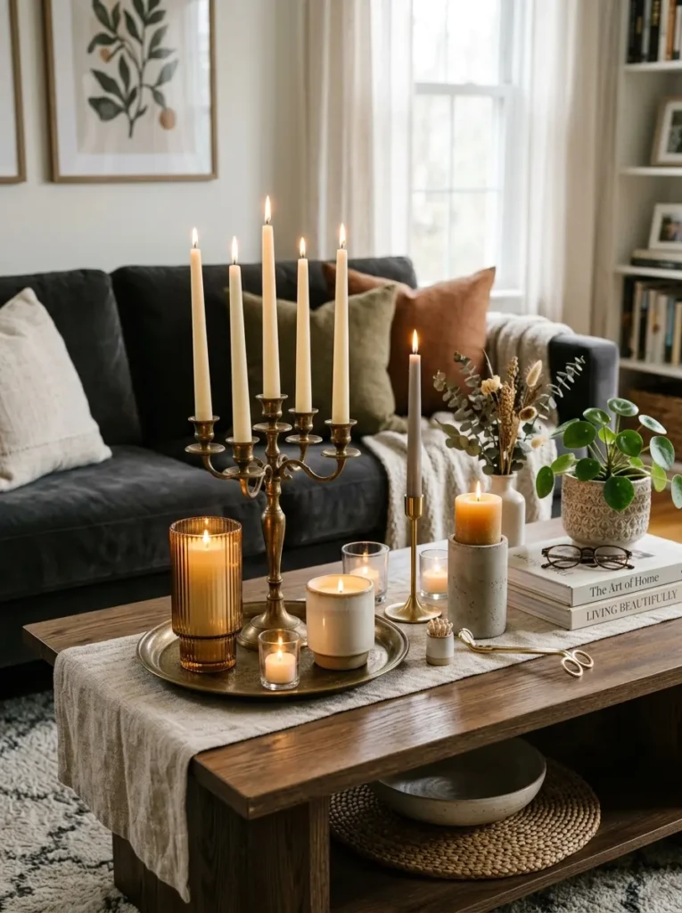 Decorative candles and candle holders displayed on a sophisticated coffee table.