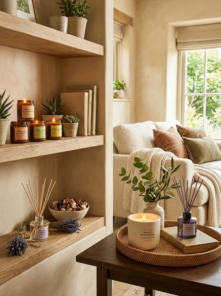 Seasonal fragrance accessories displayed on shelves and tables.