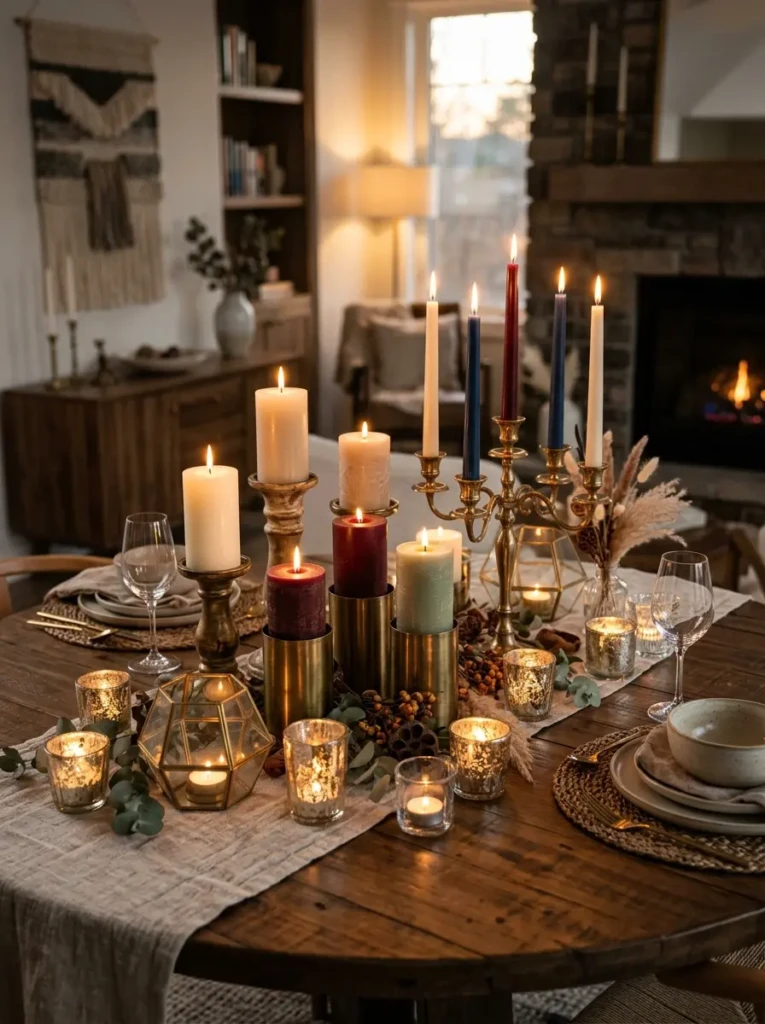 Assorted pillar, taper, and tea light candles styled on a round dining table.