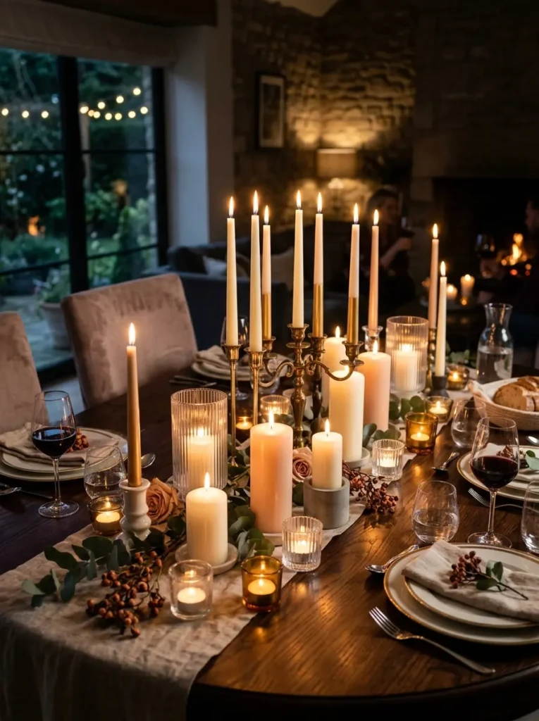Taper candles, pillar candles, and tea lights displayed in decorative holders on a dining table.