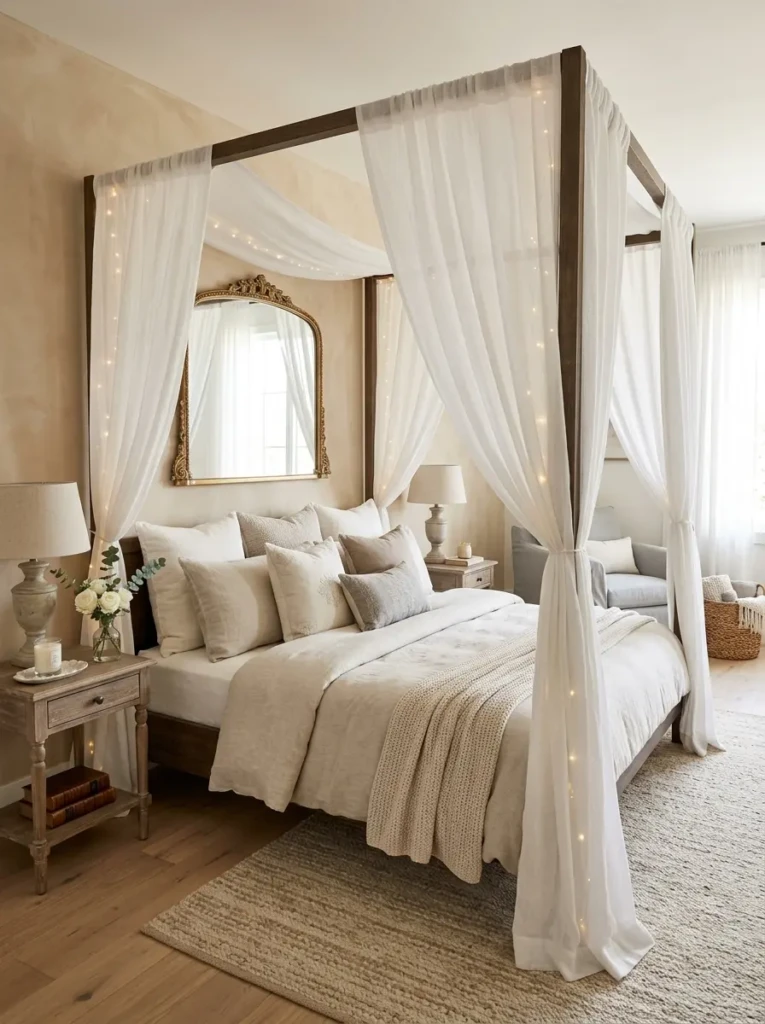 Elegant canopy day bed with sheer curtains, fairy lights, and soft neutral bedding.