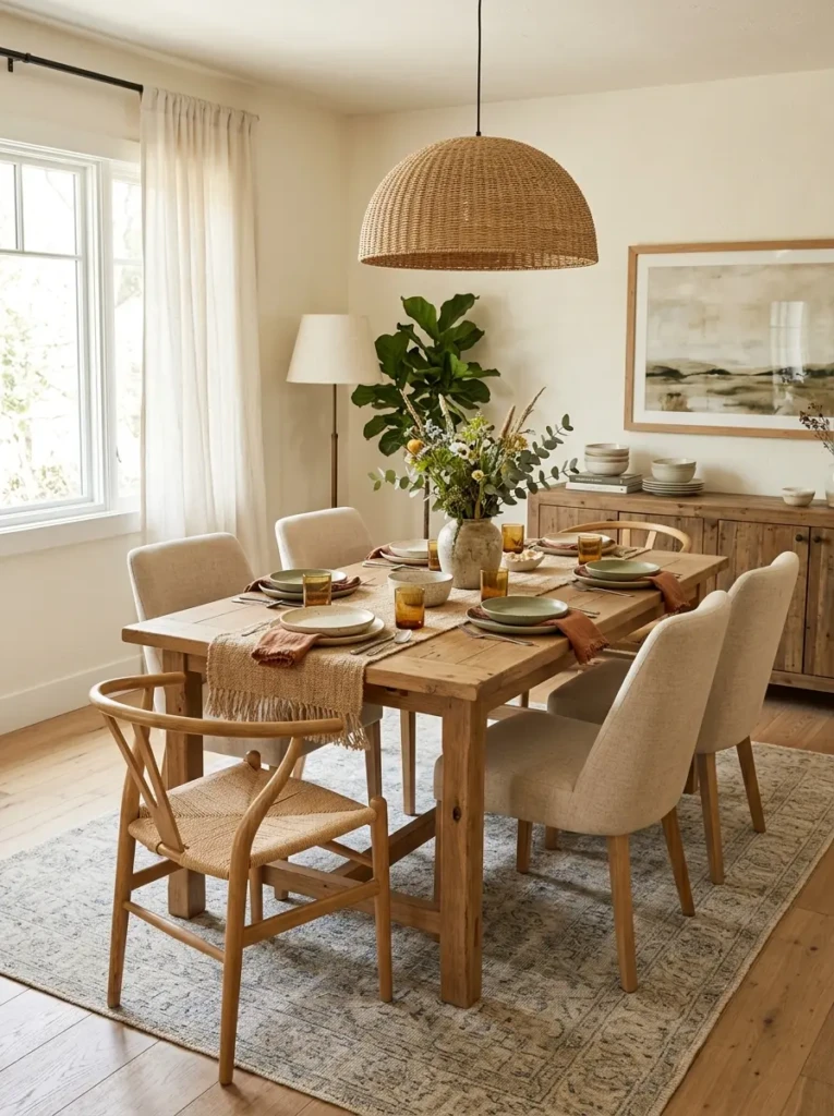 Beautiful casual dining room showcasing cozy textures, natural materials, soft lighting, and timeless decor.