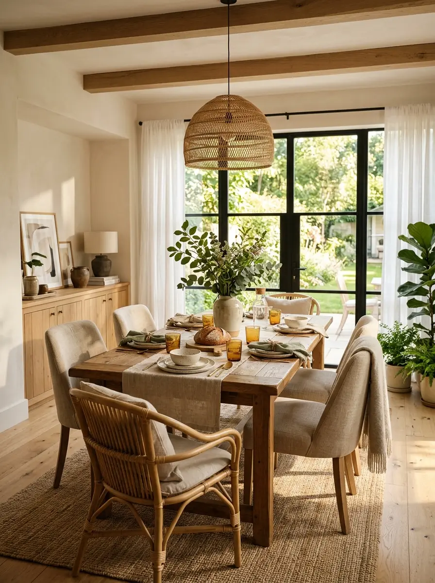 Cozy casual dining room with warm sunlight, wooden table, comfortable seating, and elegant neutral decor.