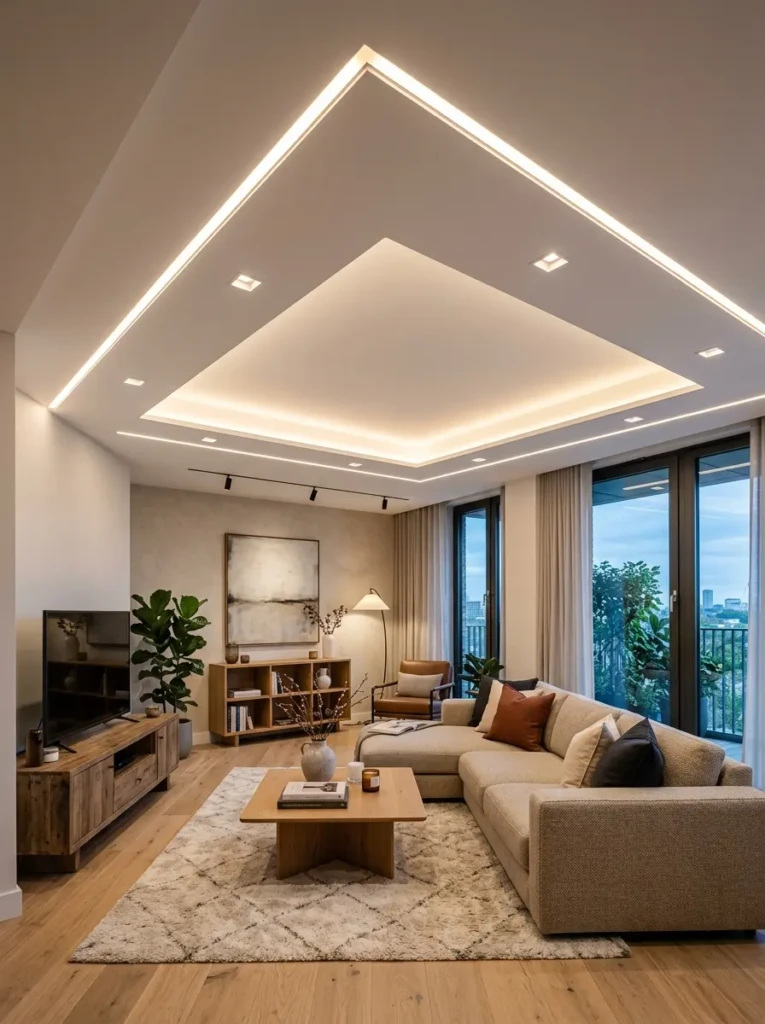 Modern ceiling design combining multiple lighting layers for everyday comfort.