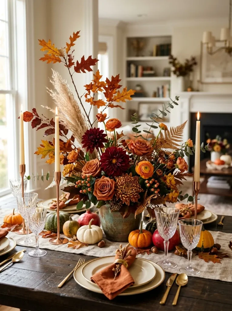 Elegant autumn centerpiece featuring layered textures and warm colors.