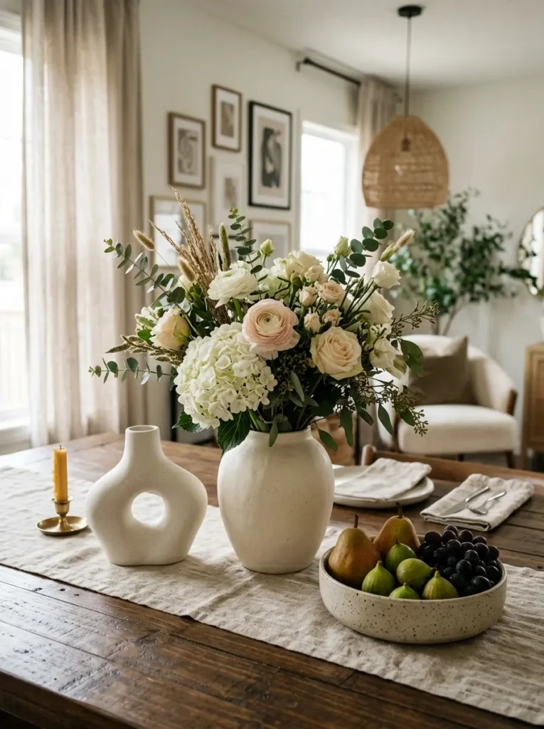 Decorative vase, fruit bowl, and sculptural accents arranged beautifully on a dining table.