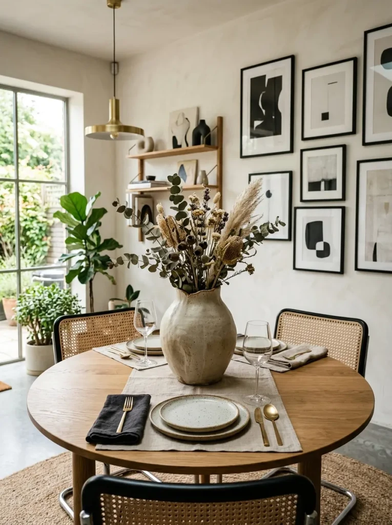 Handmade ceramic vase displayed elegantly on a round dining table.