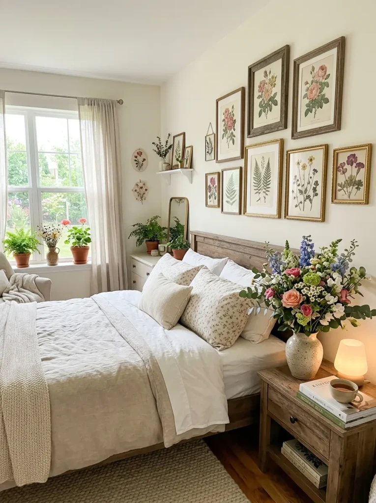 Floral artwork and decorative flower arrangements enhancing a pink bedroom aesthetic