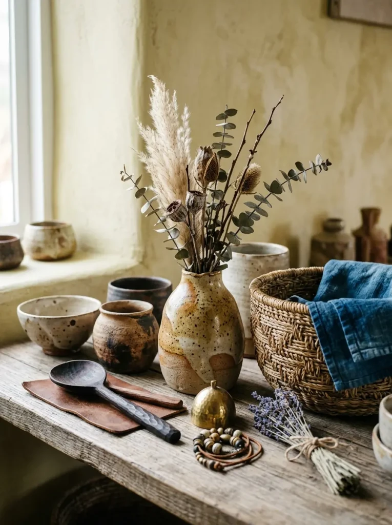 Artisan pottery and handcrafted accessories displayed in a dining room.