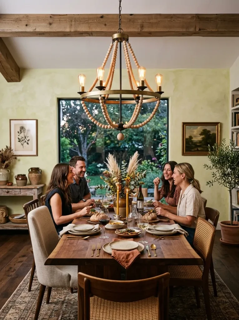 Dining room chandelier combining wood, brass, and glass elements.